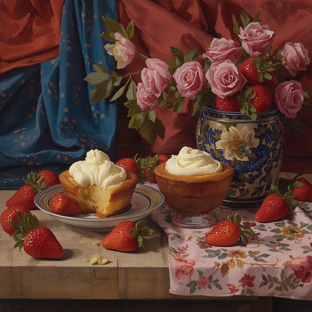Still-life image of a Yorkshire pudding dessert with strawberries and mascarpone cream arranged on a table with floral fabric.
