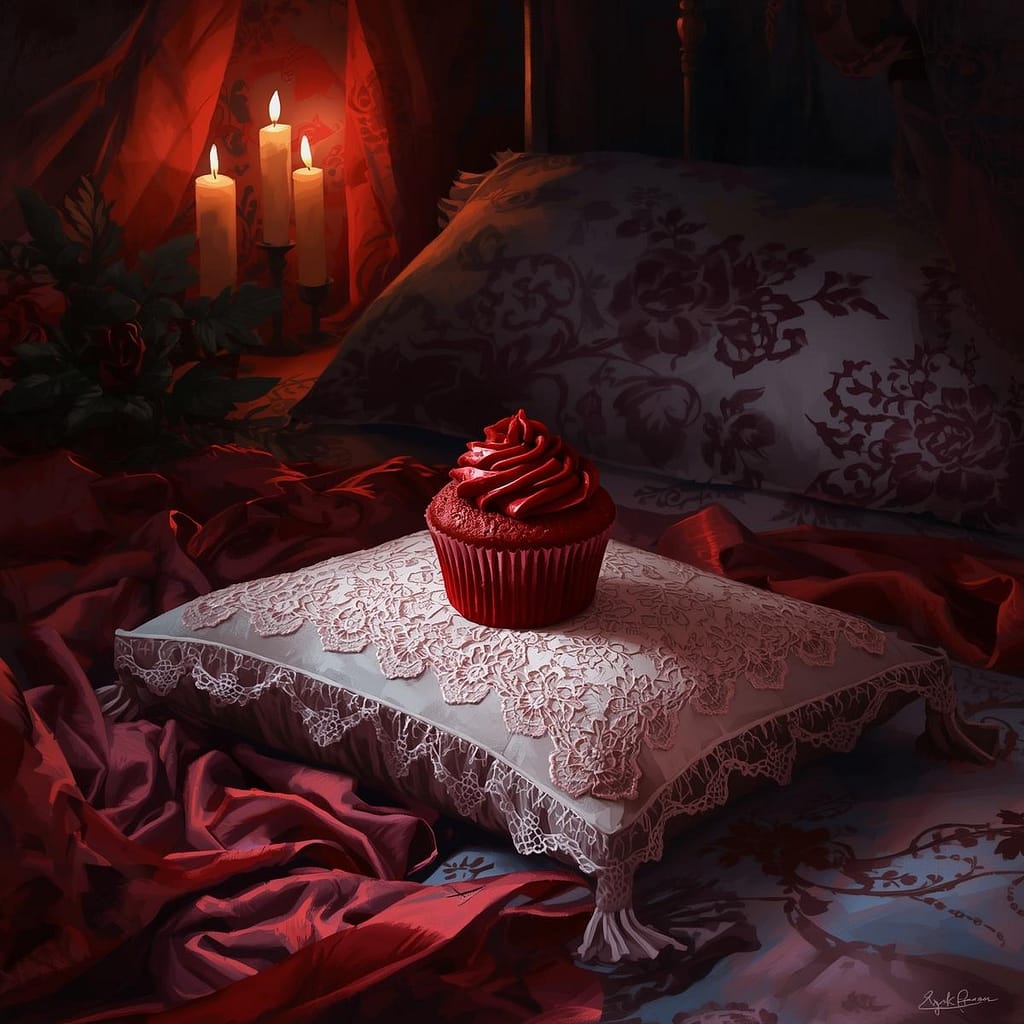 Red velvet cupcake topped with red chocolate ganache, set on a lace-covered surface with candles and red fabric.