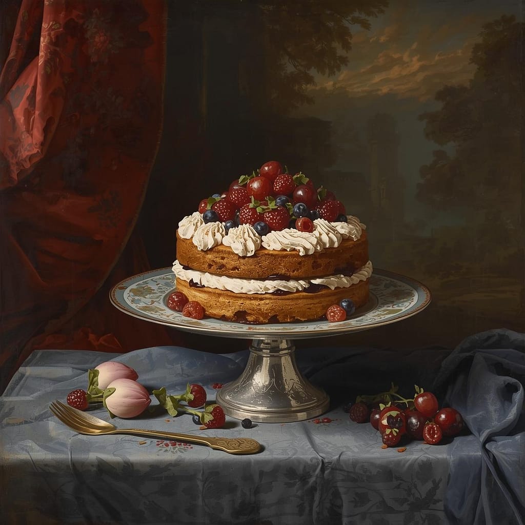 Layered Victoria sponge cake filled with cream and jam, presented on a cake stand in a softly lit setting.