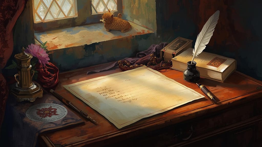 Illustrated writing desk with handwritten pages, a quill in an ink bottle, stacked books, and a softly lit window, suggesting a space for reflection and correspondence.