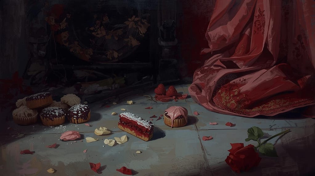 Styled still-life of desserts from Collection No. 01 arranged on the floor with scattered petals and draped fabric.