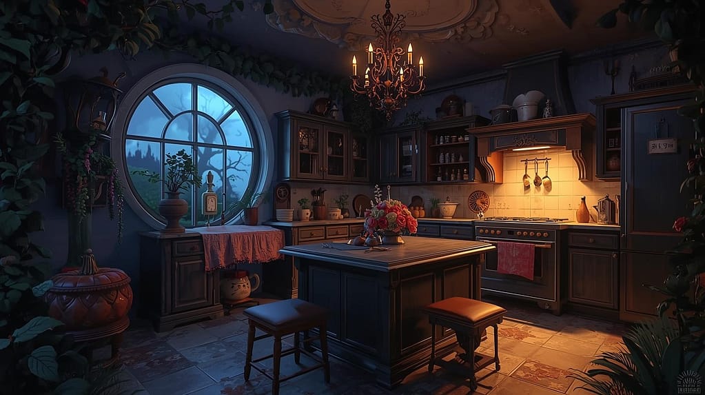 Illustrated kitchen interior at night with a central island, hanging chandelier, round window, and softly lit cooking space filled with plants and utensils.