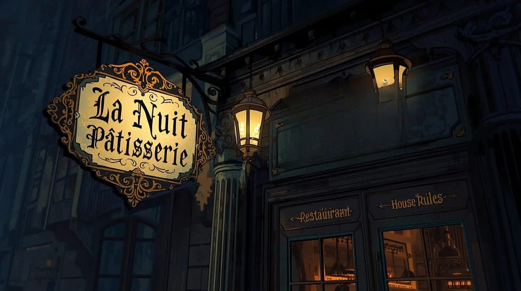 Decorative hanging sign reading La Nuit Pâtisserie outside a softly lit building at night, with warm lanterns and a calm evening setting.