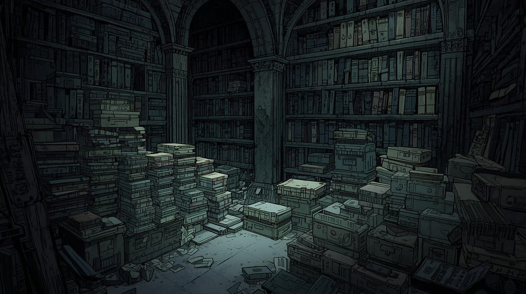 Illustrated archive room filled with stacked books, boxes, and shelves, suggesting stored records and past collections.