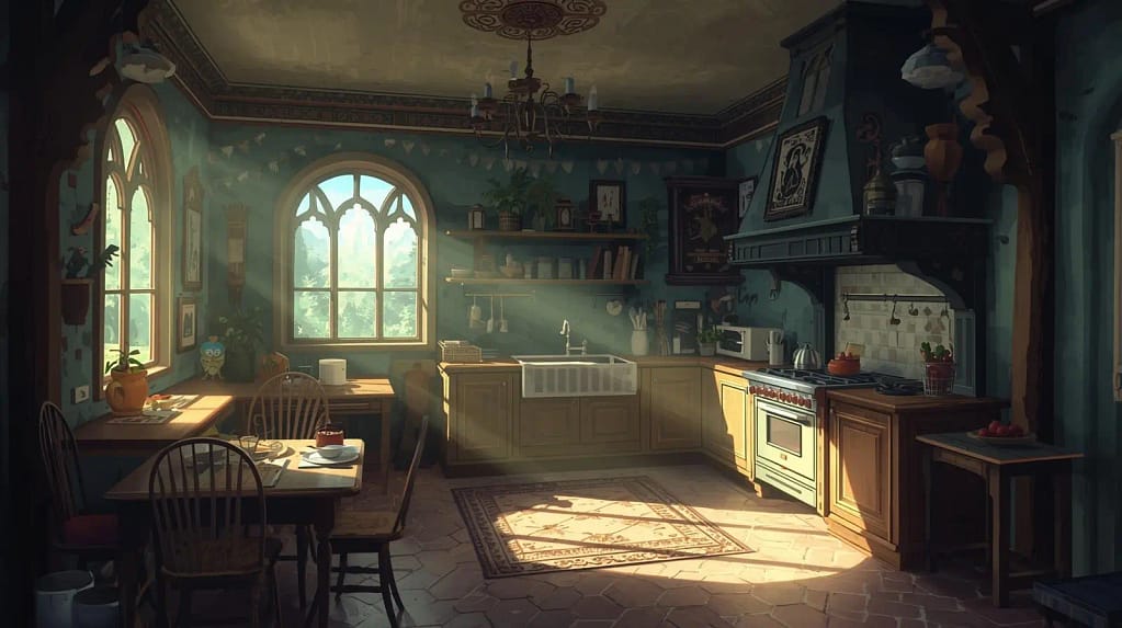 Sunlit kitchen interior with wooden cabinets, dining table, and cooking range, shown as the workspace behind La Nuit Pâtisserie.