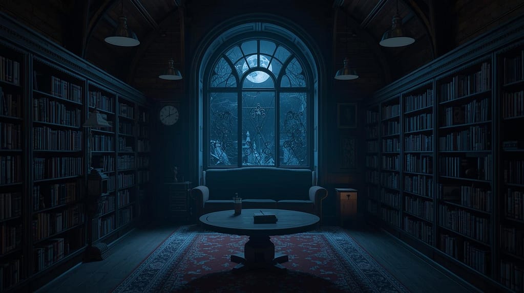 Dimly lit library interior at night with bookshelves lining the walls, a central table, and a large arched window illuminated by moonlight.