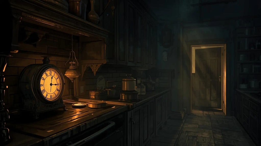 Dimly lit kitchen interior at night with a clock on a worktop and a doorway glowing softly in the distance, suggesting the quiet hours of preparation.