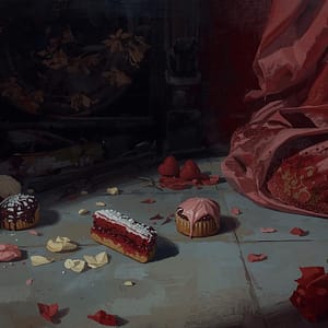 Styled still-life of desserts from Collection No. 01 arranged on the floor with scattered petals and draped fabric.