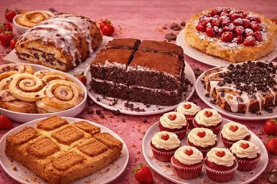 Assorted dessert tasting menu including layered chocolate cake, iced buns, cupcakes, and fruit-topped cakes arranged on plates.